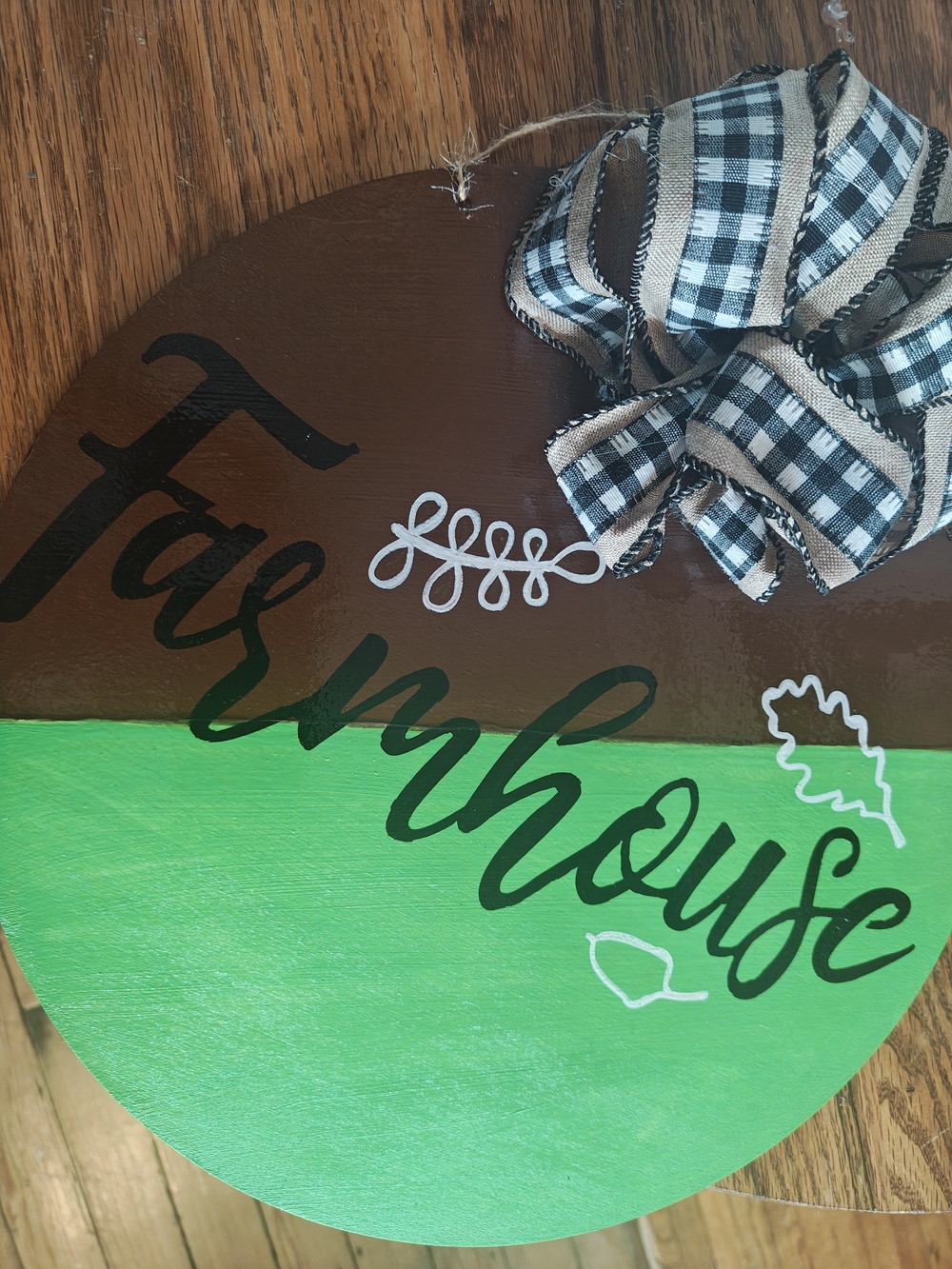 Farmhouse Round Wooden Sign with Green and Brown Two-Tone